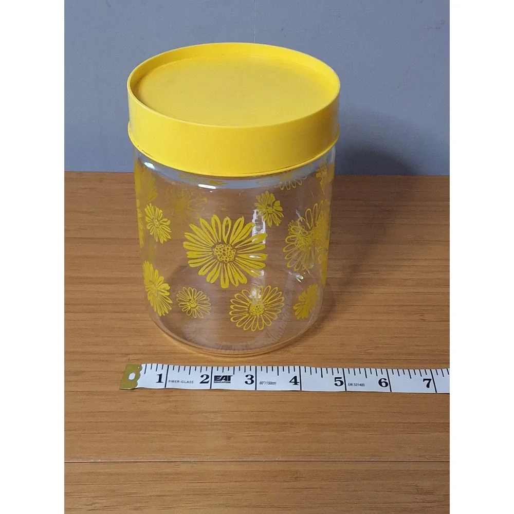 Vintage Yellow Daisy Glass Canister Retro Floral Kitchen Storage Jar with Lid